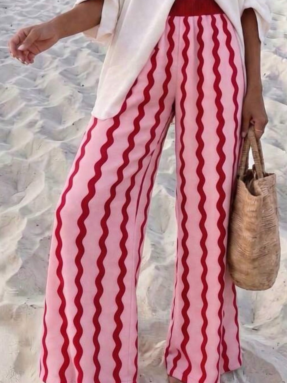 Wide-Leg Pink & Red Wave Stripe Pants